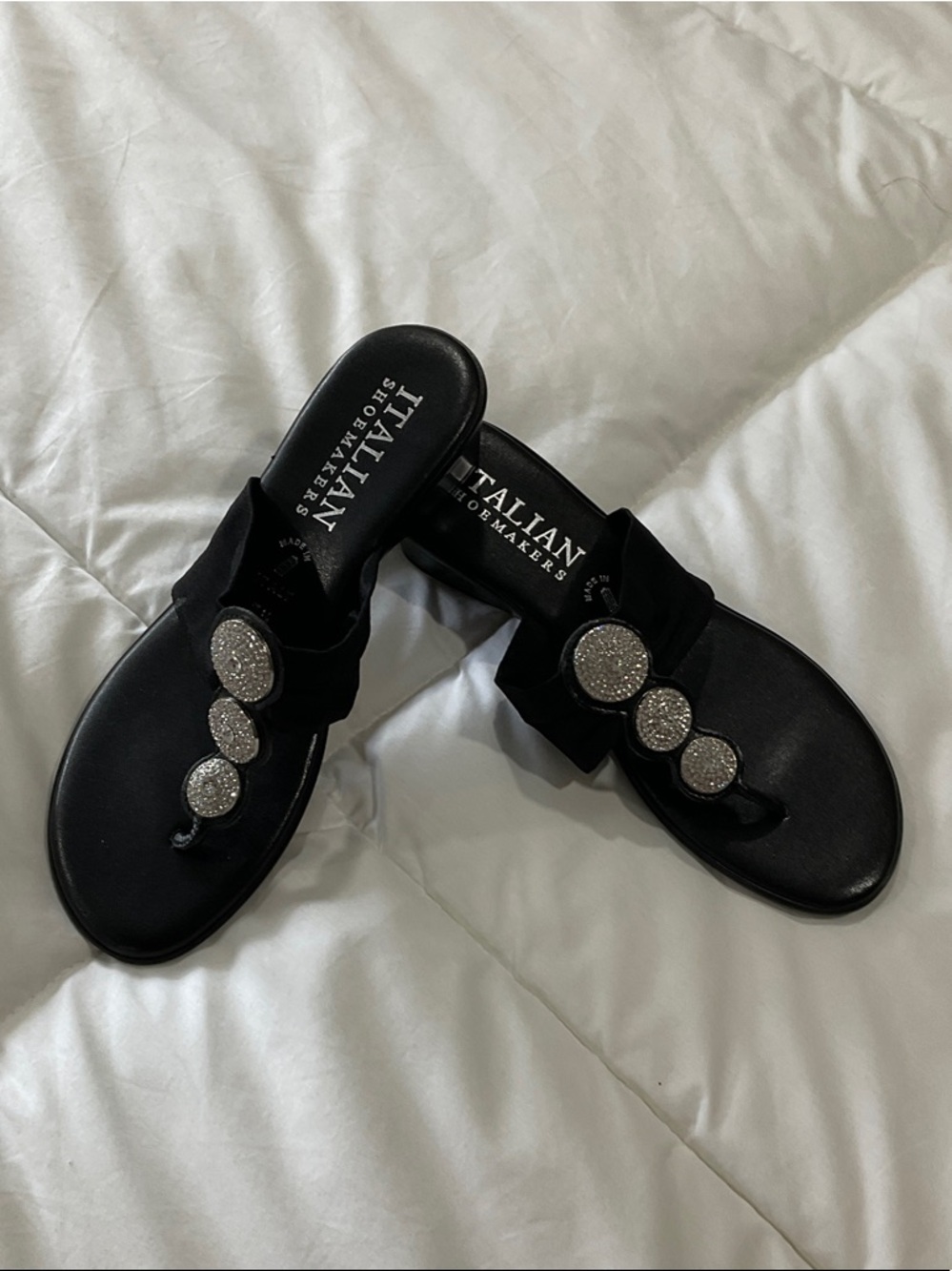 Italian Shoemakers Black Slide Sandals with Sparkling Disc Embellishments